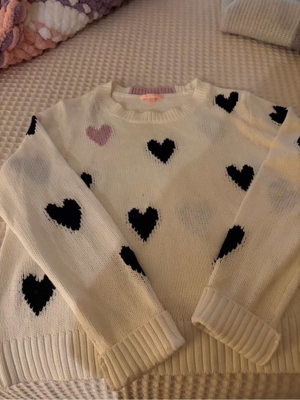 Lisa Todd Cream cotton Crewneck Sweater with Black and Lavender Heart Accent